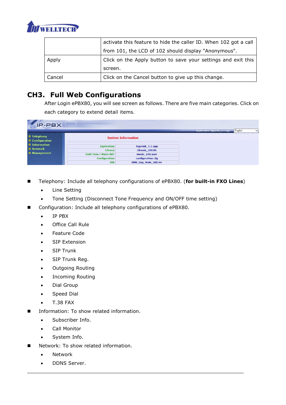 Full web configurations, Ch3. full web configurations | Welltech ePBX80 V.1.1 User Manual | Page 25 / 129