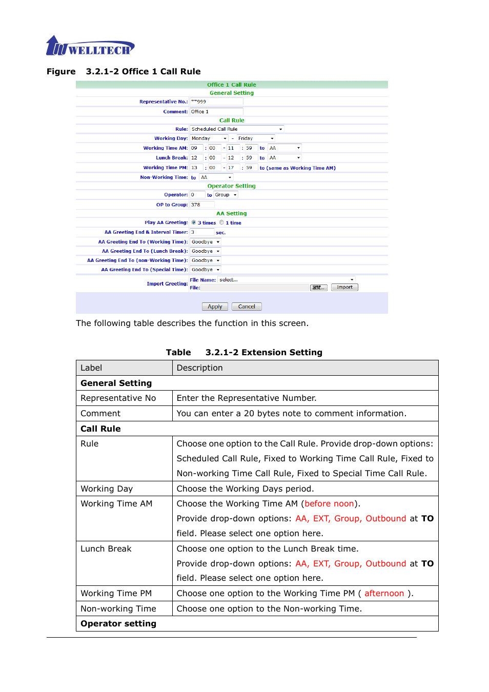 Figure 3.2.1-2 office 1 call rule, Table 3.2.1-2 extension setting | Welltech ePBX80 V.1.1 User Manual | Page 41 / 129