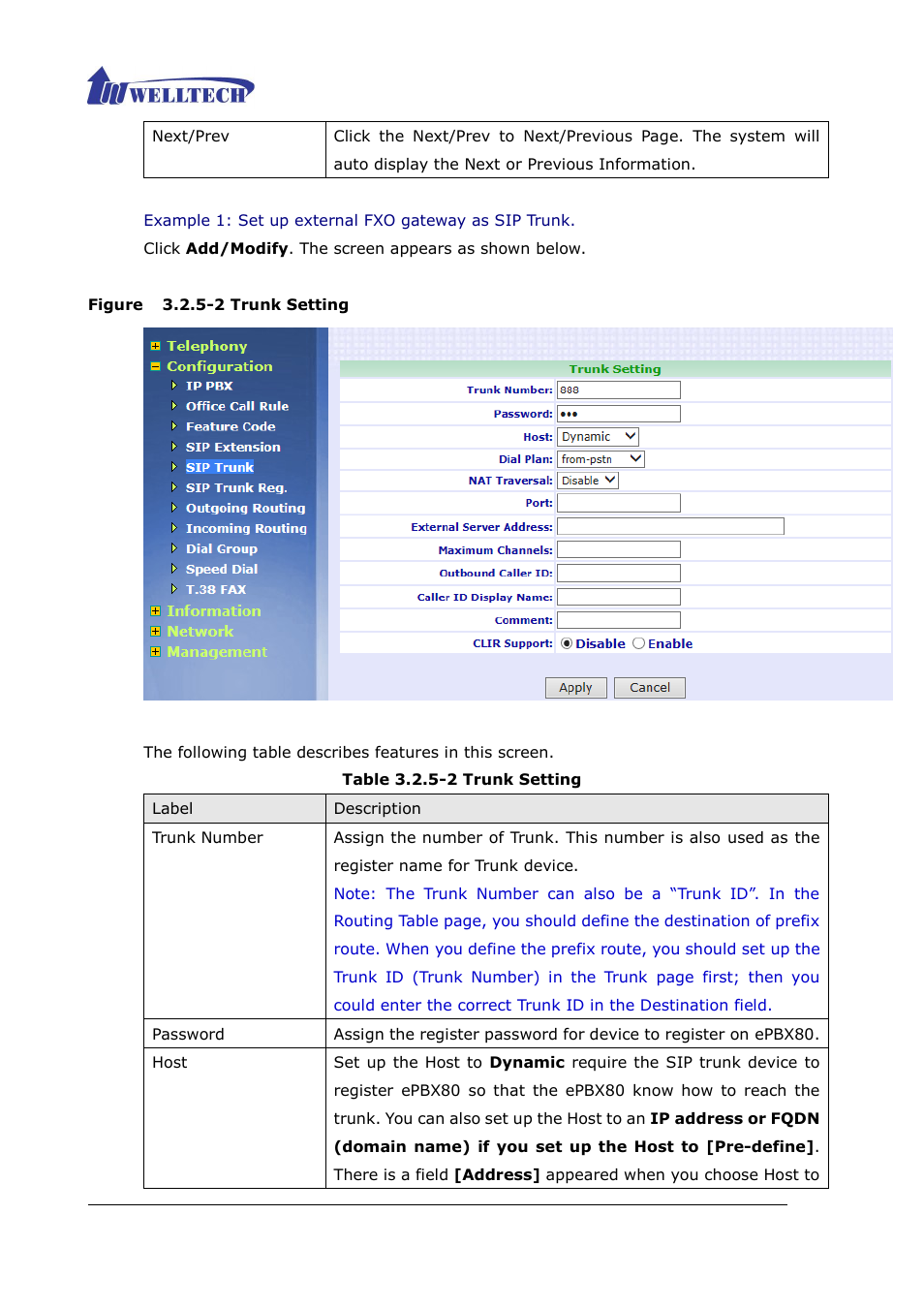 Figure 3.2.5-2 trunk setting, Table 3.2.5-2 trunk setting | Welltech ePBX80 V.1.1 User Manual | Page 56 / 129