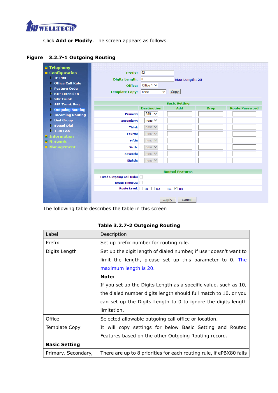 Figure 3.2.7-1 outgoing routing, Table 3.2.7-2 outgoing routing | Welltech ePBX80 V.1.1 User Manual | Page 65 / 129