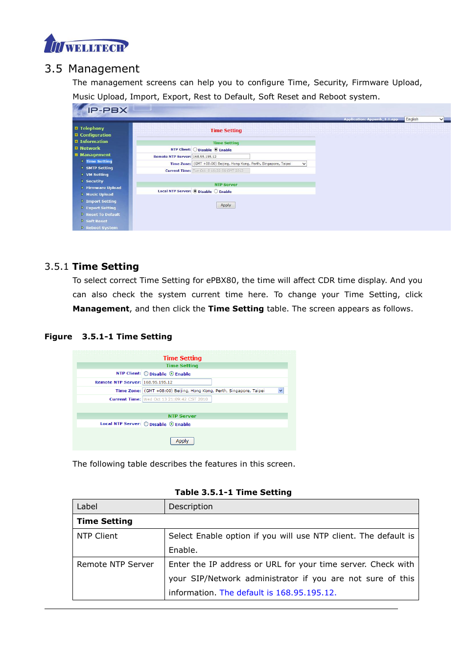 5 management, 1 time setting, Figure 3.5.1-1 time setting | Table 3.5.1-1 time setting | Welltech ePBX80 V.1.1 User Manual | Page 81 / 129