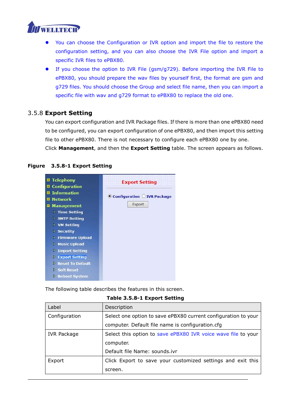 8 export setting, Figure 3.5.6-1 export setting | Welltech ePBX80 V.1.1 User Manual | Page 89 / 129