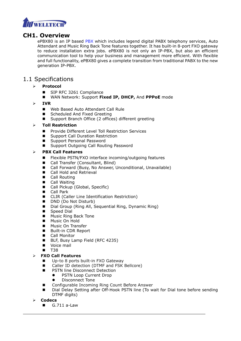 Ch1. overview, 1 specifications | Welltech ePBX80 V.1.1 User Manual | Page 9 / 129