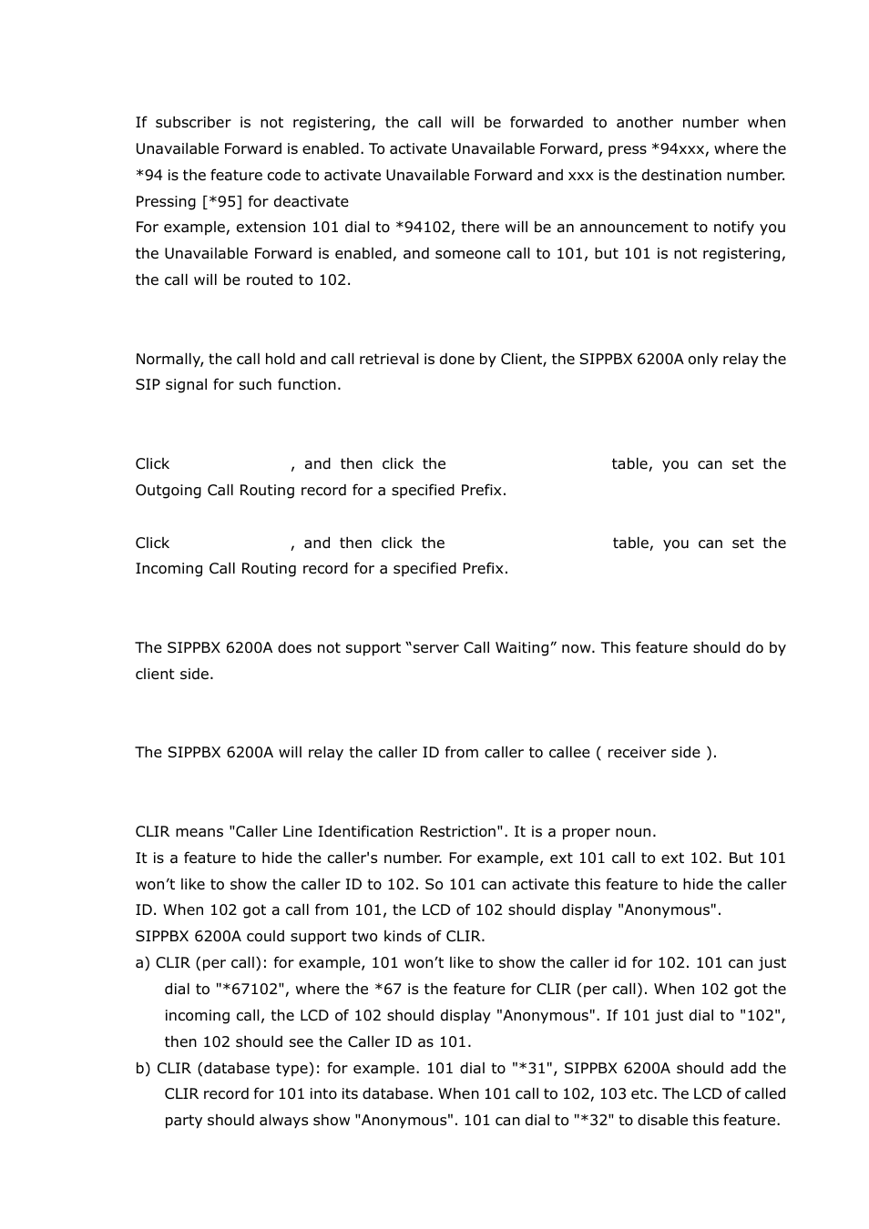 8 call forward unavailable, 9 call hold/retrieval (client based), 10 call routing | 11 call waiting (client based), 12 caller id, 13 clir (caller line identification restriction), Call routing, Call waiting (client based), Caller id, Clir (caller line identification restriction) | Welltech SIPPBX 6200A User Manual | Page 116 / 132