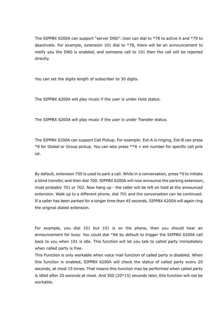 14 do not disturb (client based), 15 flexible extension logic, 16 music on hold | 17 music on transfer, 18 call pickup, 19 call park, 20 camp-on (call back on busy), Do not disturb (client based), Flexible extension logic, Music on hold | Welltech SIPPBX 6200A User Manual | Page 117 / 132
