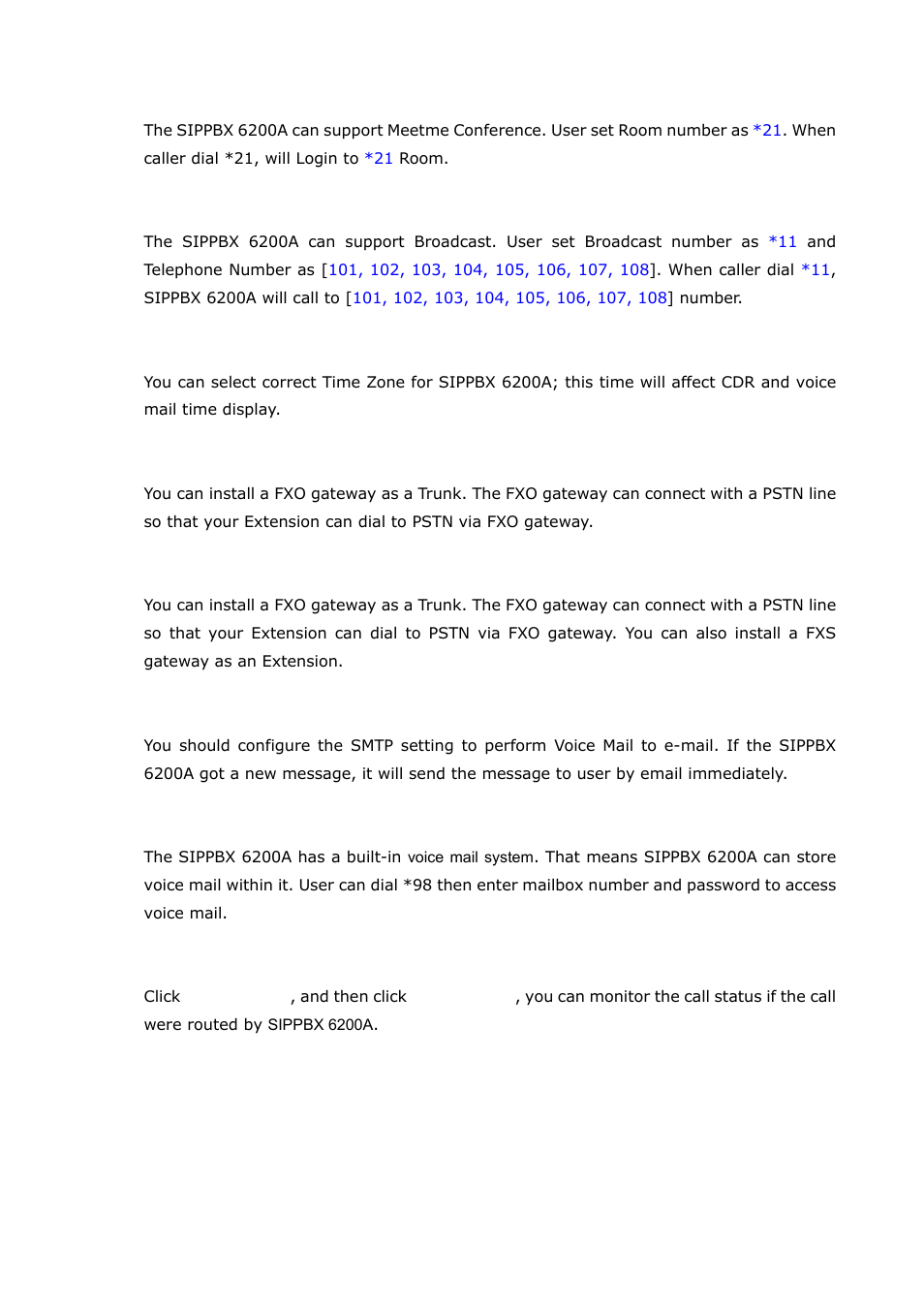 21 meetme conference, 22 broadcast, 23 time and date | 24 trunk (i.e. wellgate 2540 or 2680), 26 voice mail to e-mail, 27 access voice mail by phone set, 28 call monitor, Meetme conference, Broadcast, Time and date | Welltech SIPPBX 6200A User Manual | Page 118 / 132