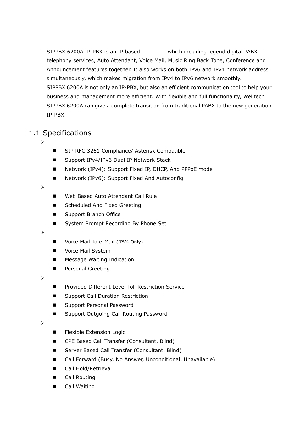 Ch1. overview, 1 specifications, Overview | Welltech SIPPBX 6200A User Manual | Page 5 / 132