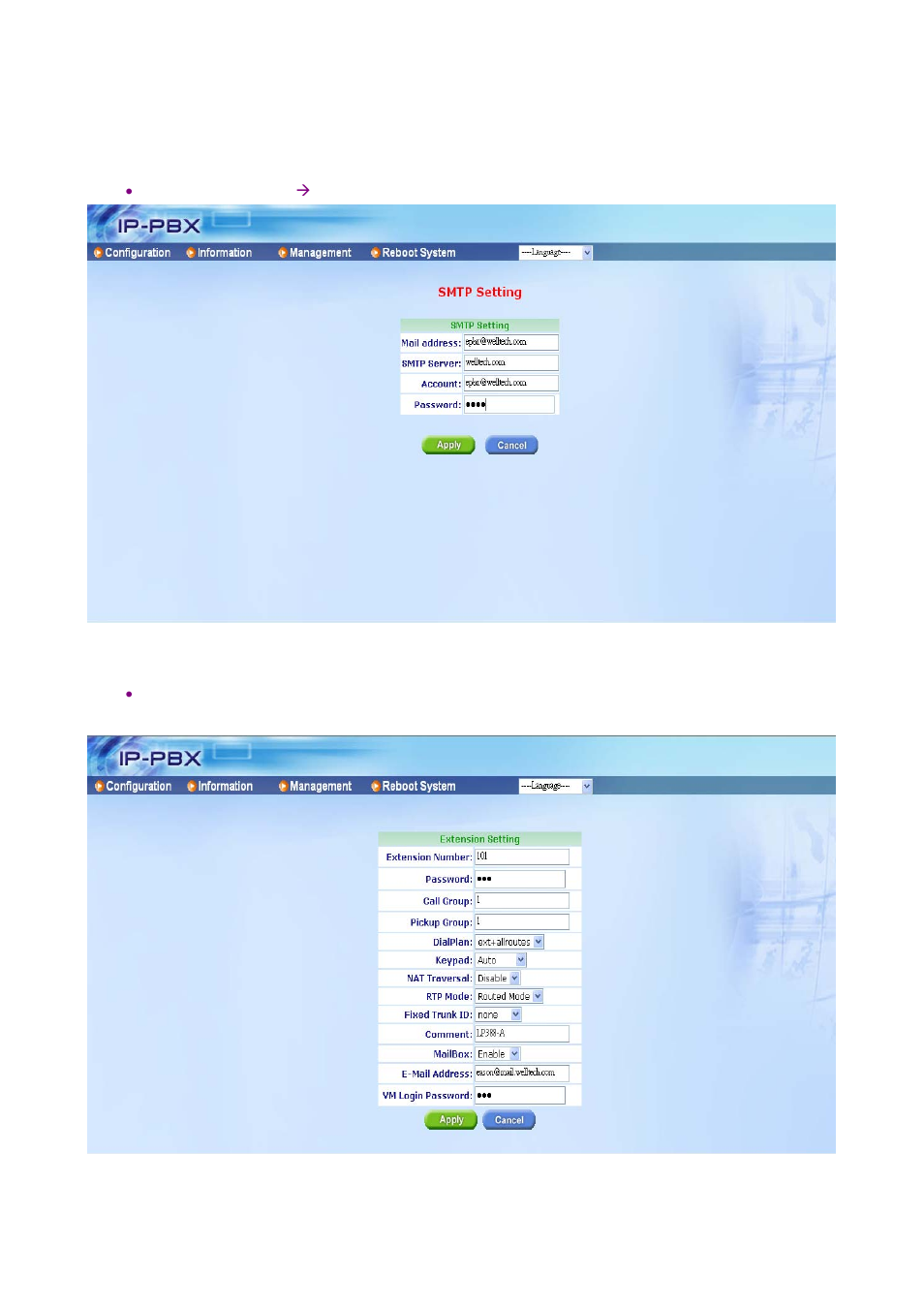 Step1: configure smtp setting, Step2: enable voice mail function | Welltech ePBX-100A-128 User Manual | Page 90 / 124