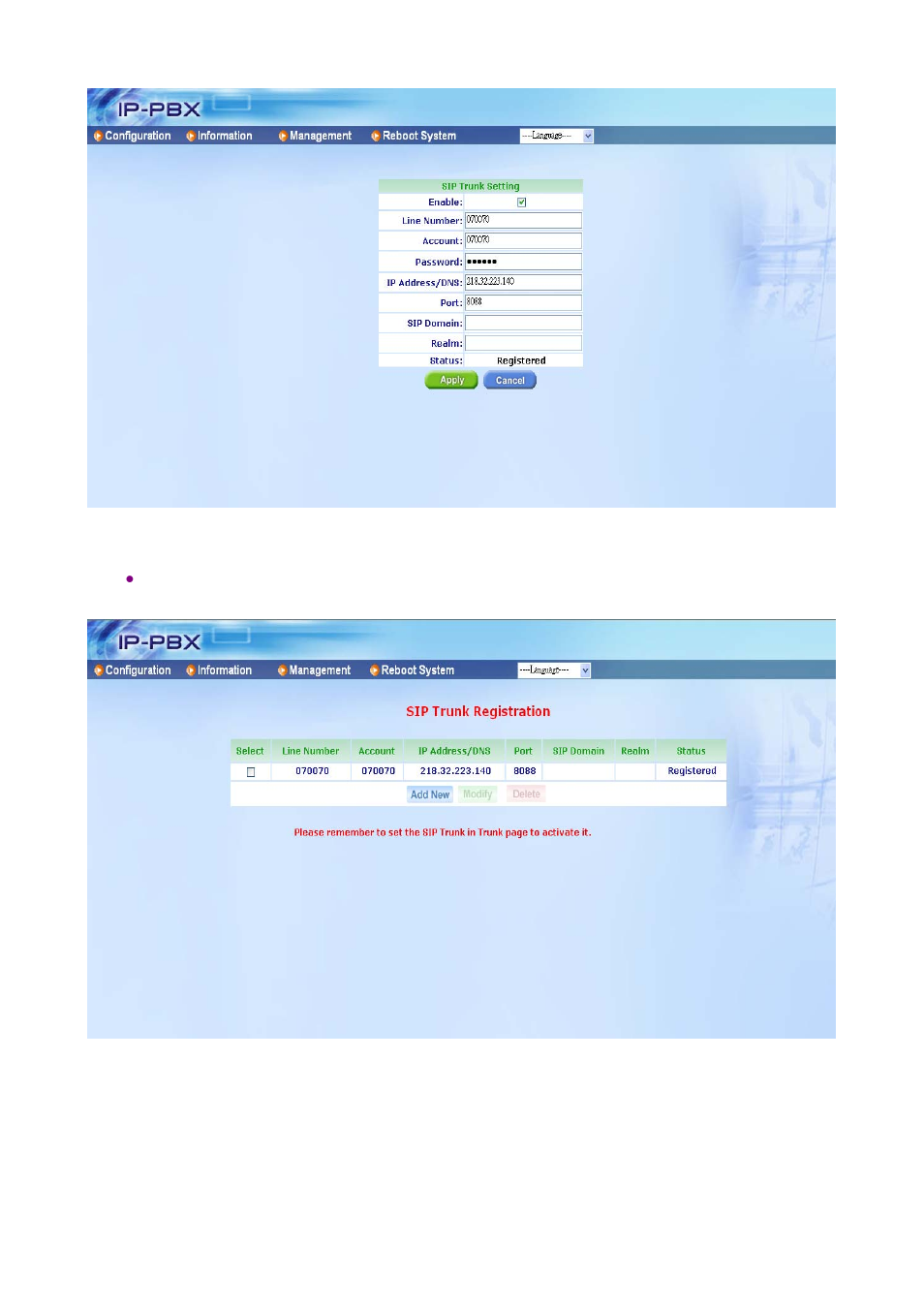 Step3: confirm the register status of sip trunk | Welltech ePBX-100A-128 User Manual | Page 98 / 124