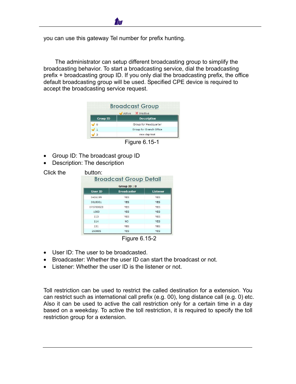 Broadcast group, Toll restriction, Roadcast | Roup, Estriction | Welltech SIPPBX 6200 V.3.1.0 User Manual | Page 102 / 225