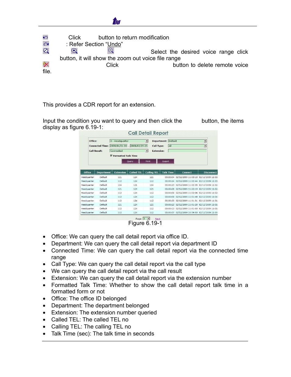 Cdr report, Call detail report, Eport | Welltech SIPPBX 6200 V.3.1.0 User Manual | Page 109 / 225
