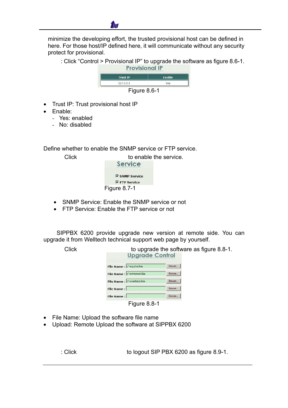 Service, Upgrade, Logout | Ervice, Pgrade, Ogout | Welltech SIPPBX 6200 V.3.1.0 User Manual | Page 156 / 225