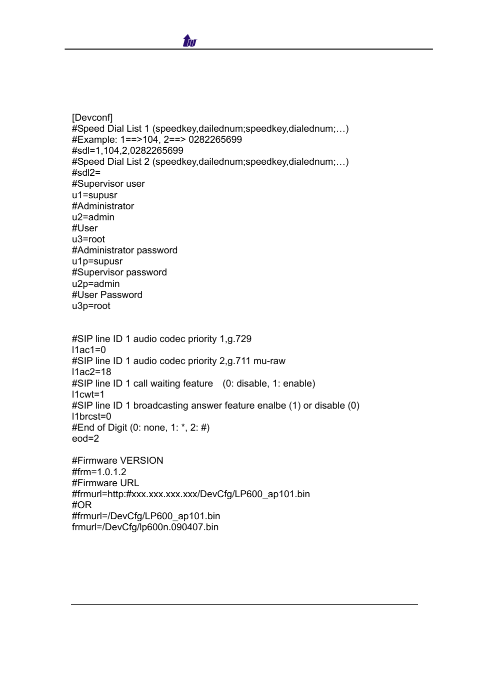 Appendix 14 lp600n example configuration file | Welltech SIPPBX 6200 V.3.1.0 User Manual | Page 225 / 225