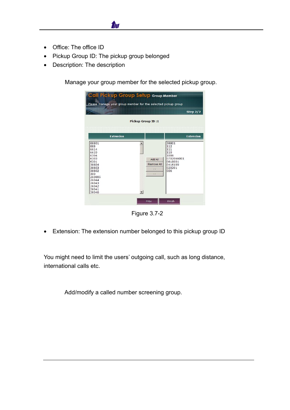 Outgoing called number screening wizard, Utgoing, Alled | Umber, Creening, Izard | Welltech SIPPBX 6200 V.3.1.0 User Manual | Page 37 / 225