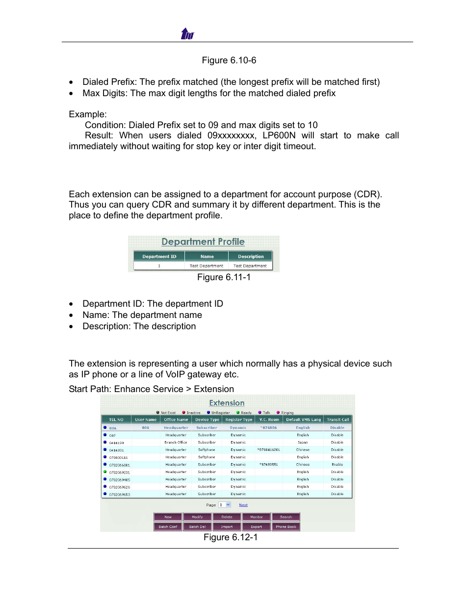 Department profile, Extension, Epartment | Rofile, Xtension | Welltech SIPPBX 6200 V.3.1.0 User Manual | Page 87 / 225