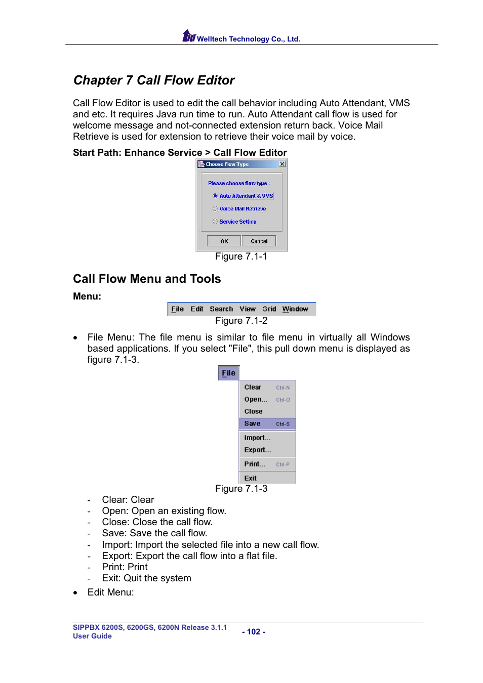 Chapter 7 call flow editor, Call flow menu and tools, Enu and | Ools | Welltech SIPPBX 6200 V.3.1.1 User Manual | Page 102 / 214