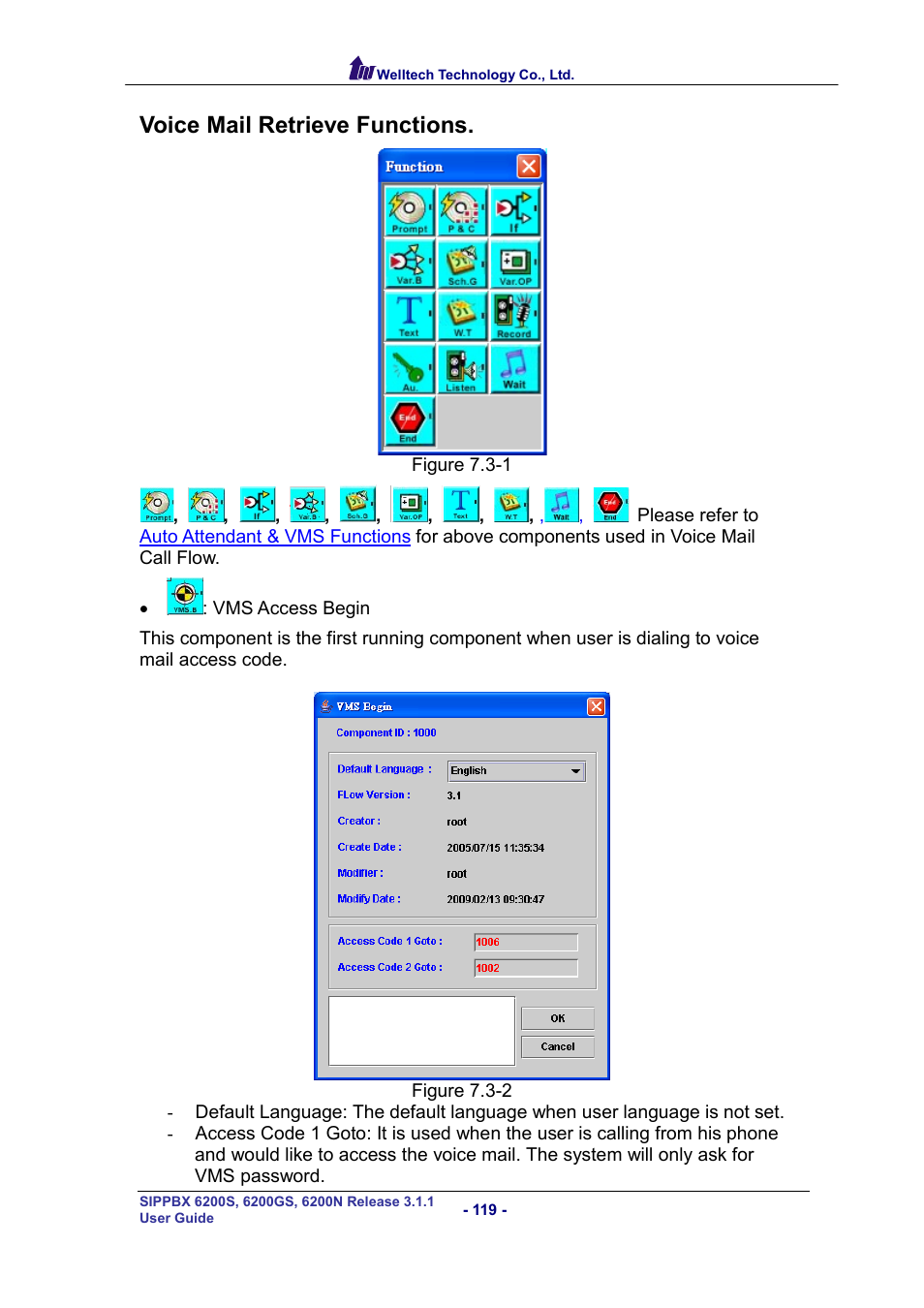 Voice mail retrieve functions, Oice, Etrieve | Unctions | Welltech SIPPBX 6200 V.3.1.1 User Manual | Page 119 / 214