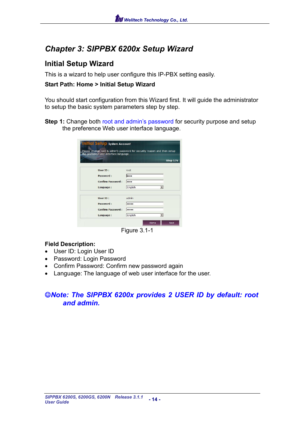 Chapter 3: sippbx 6200x setup wizard, Initial setup wizard, Nitial | Etup, Izard | Welltech SIPPBX 6200 V.3.1.1 User Manual | Page 14 / 214