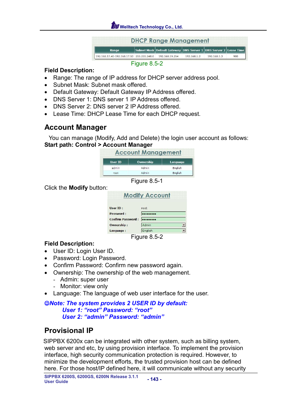 Account manager, Provisional ip, Ccount | Anager, Rovisional | Welltech SIPPBX 6200 V.3.1.1 User Manual | Page 143 / 214