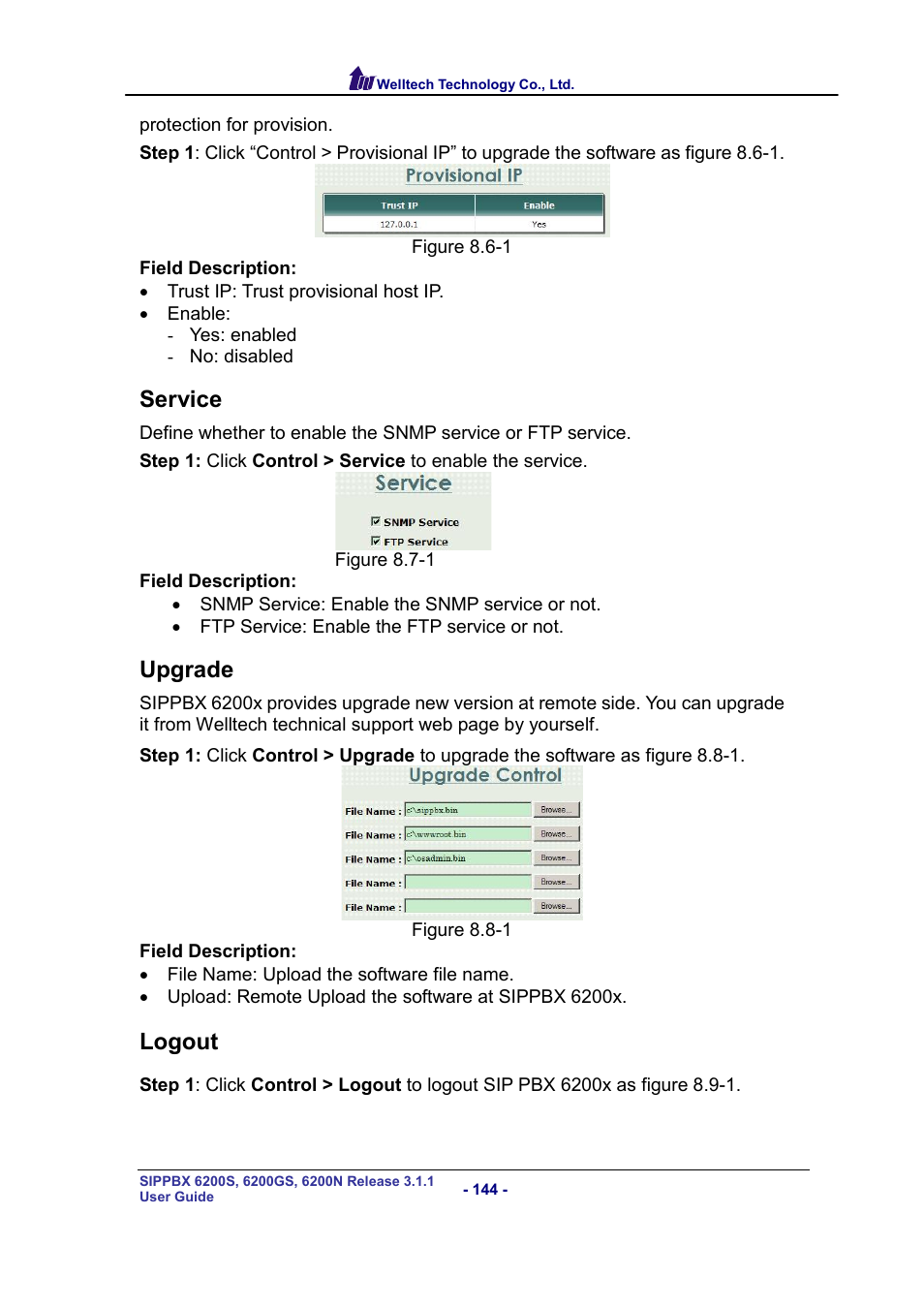 Service, Upgrade, Logout | Ervice, Pgrade, Ogout | Welltech SIPPBX 6200 V.3.1.1 User Manual | Page 144 / 214