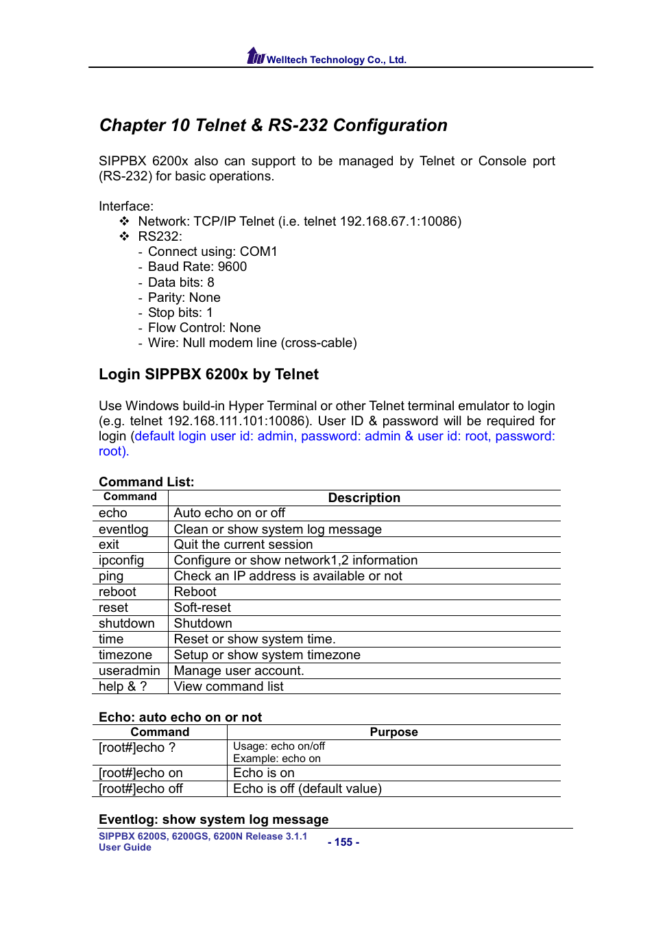 Chapter 10 telnet & rs-232 configuration, Login sippbx 6200x by telnet | Welltech SIPPBX 6200 V.3.1.1 User Manual | Page 155 / 214