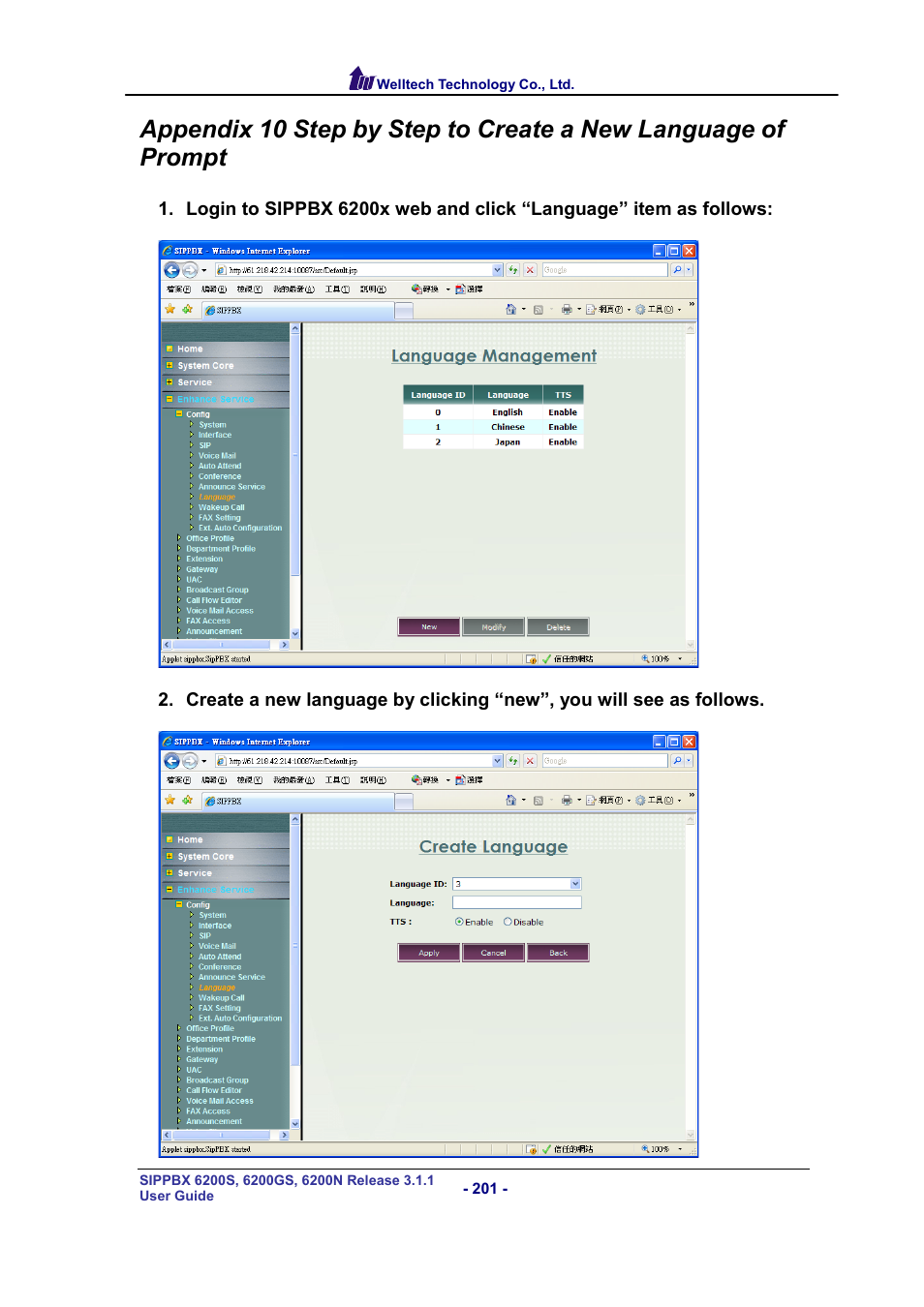 Welltech SIPPBX 6200 V.3.1.1 User Manual | Page 201 / 214