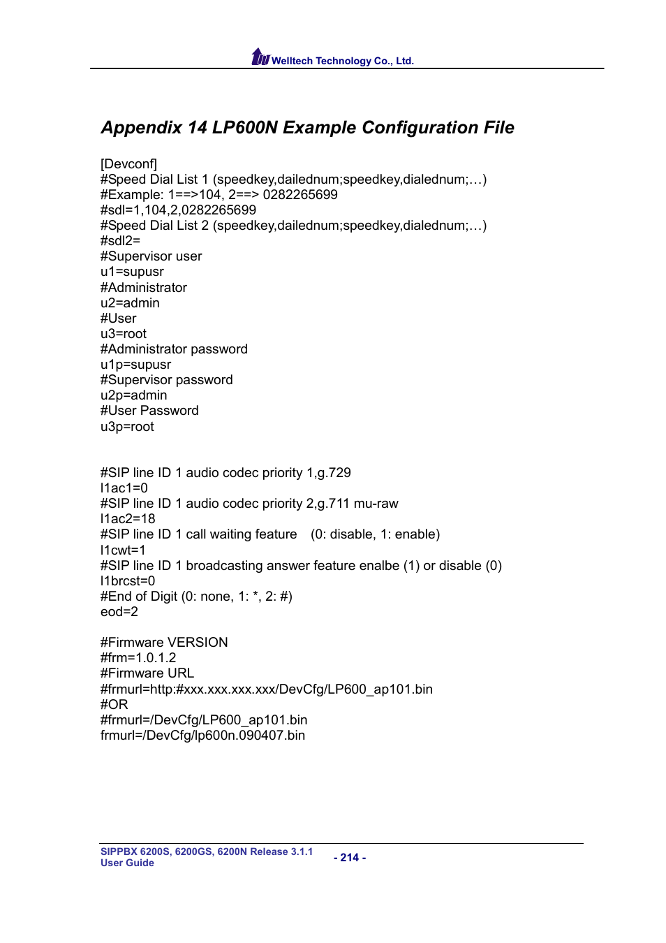 Appendix 14 lp600n example configuration file | Welltech SIPPBX 6200 V.3.1.1 User Manual | Page 214 / 214