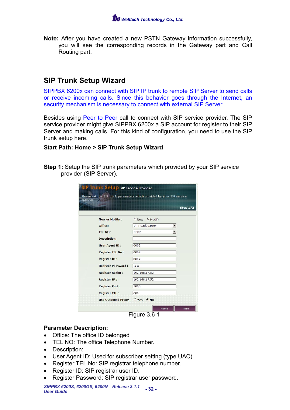 Sip trunk setup wizard, Runk, Etup | Izard | Welltech SIPPBX 6200 V.3.1.1 User Manual | Page 32 / 214