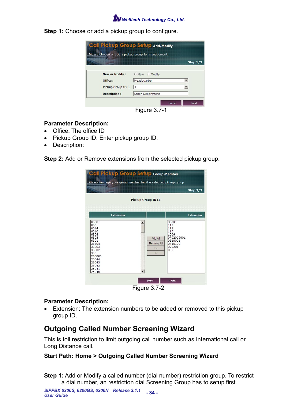 Outgoing called number screening wizard, Utgoing, Alled | Umber, Creening, Izard | Welltech SIPPBX 6200 V.3.1.1 User Manual | Page 34 / 214