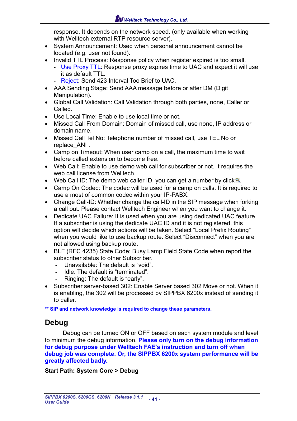 Debug, Ebug | Welltech SIPPBX 6200 V.3.1.1 User Manual | Page 41 / 214