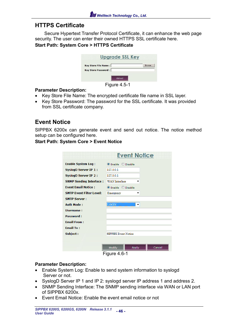 Https certificate, Event notice, Https | Ertificate, Vent, Otice | Welltech SIPPBX 6200 V.3.1.1 User Manual | Page 46 / 214