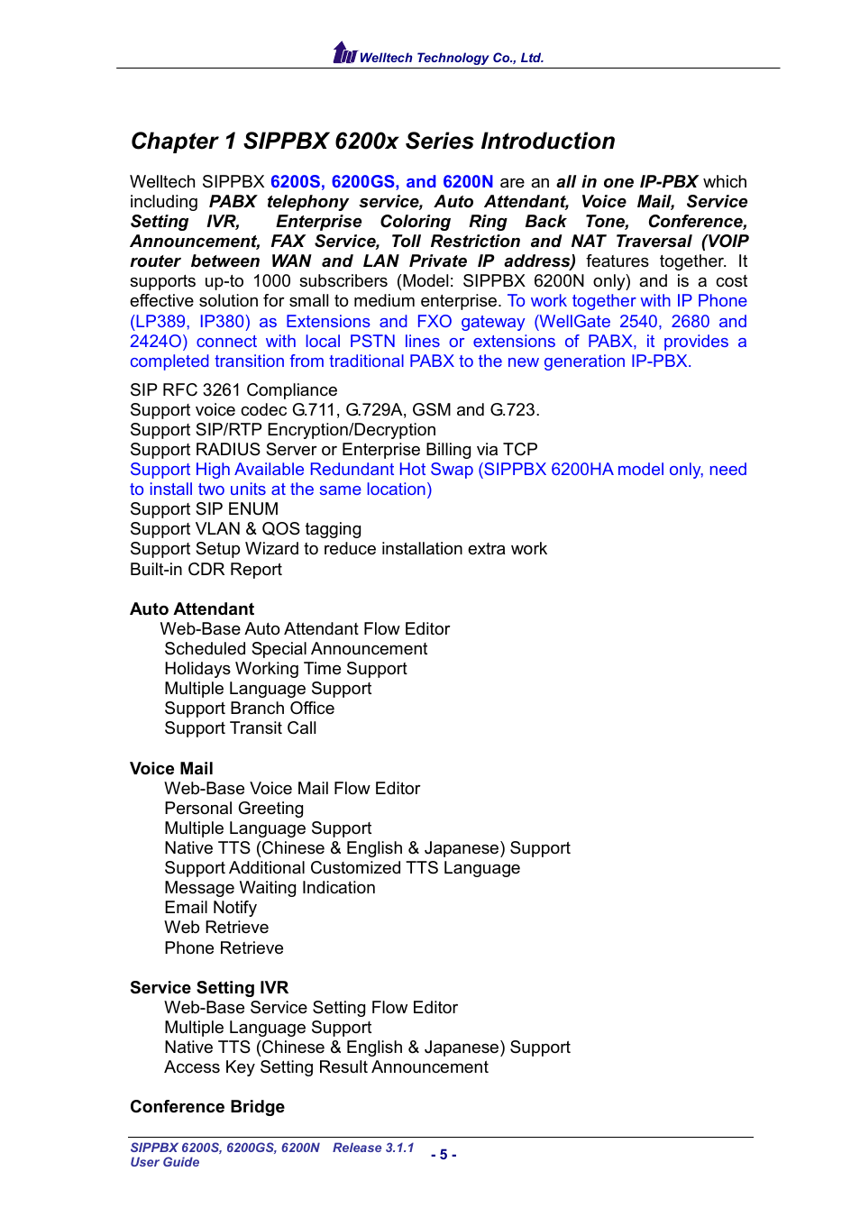 Chapter 1 sippbx 6200x series introduction | Welltech SIPPBX 6200 V.3.1.1 User Manual | Page 5 / 214
