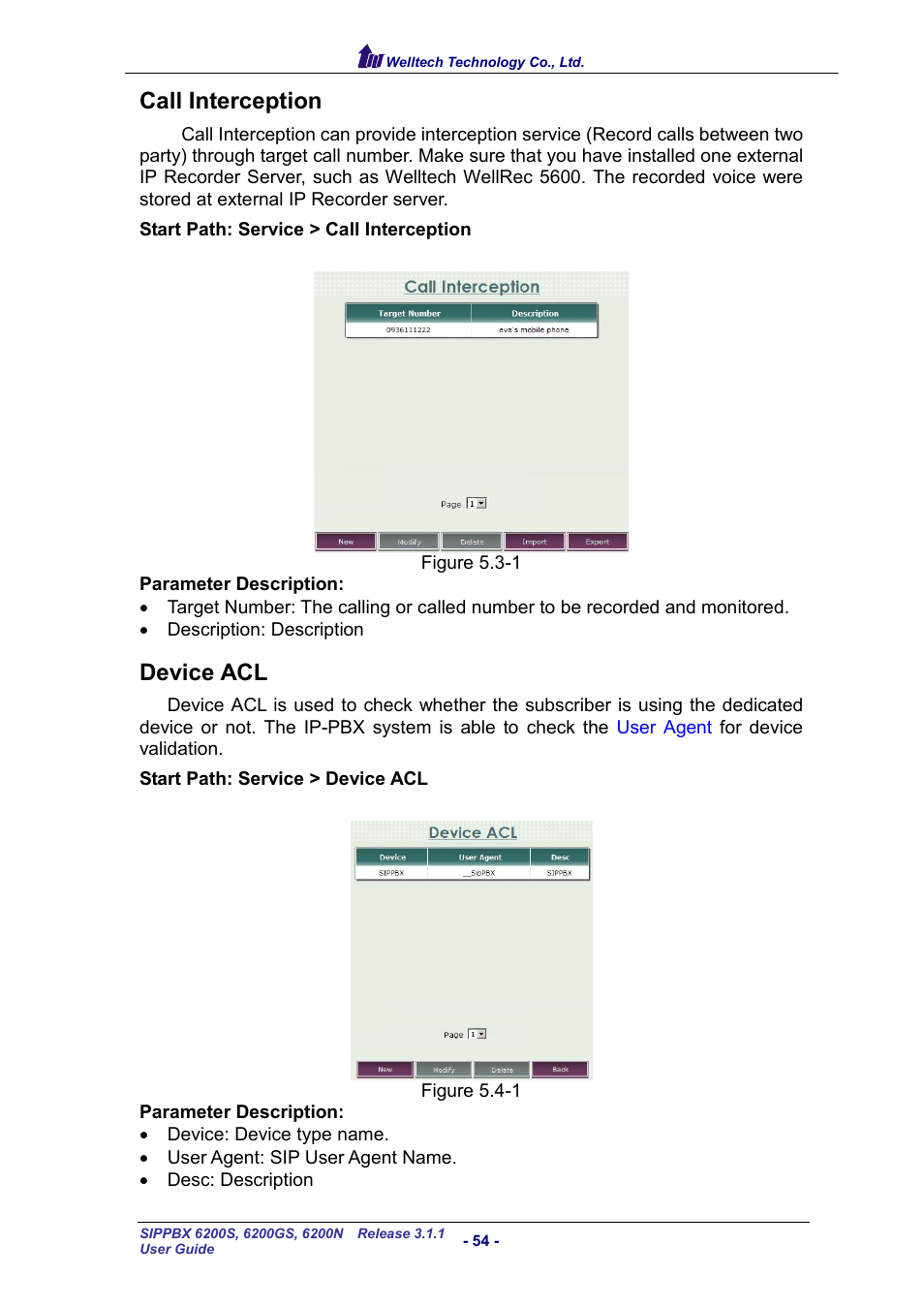 Call interception, Device acl, Nterception | Evice | Welltech SIPPBX 6200 V.3.1.1 User Manual | Page 54 / 214