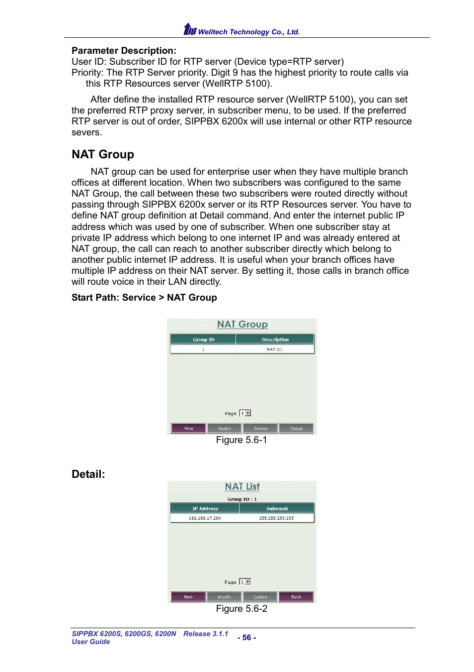 Nat group, Roup, Detail | Welltech SIPPBX 6200 V.3.1.1 User Manual | Page 56 / 214