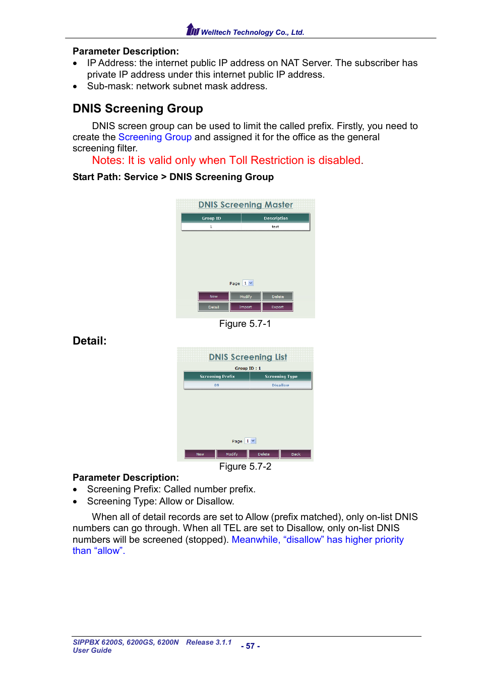 Dnis screening group, Dnis, Creening | Roup | Welltech SIPPBX 6200 V.3.1.1 User Manual | Page 57 / 214