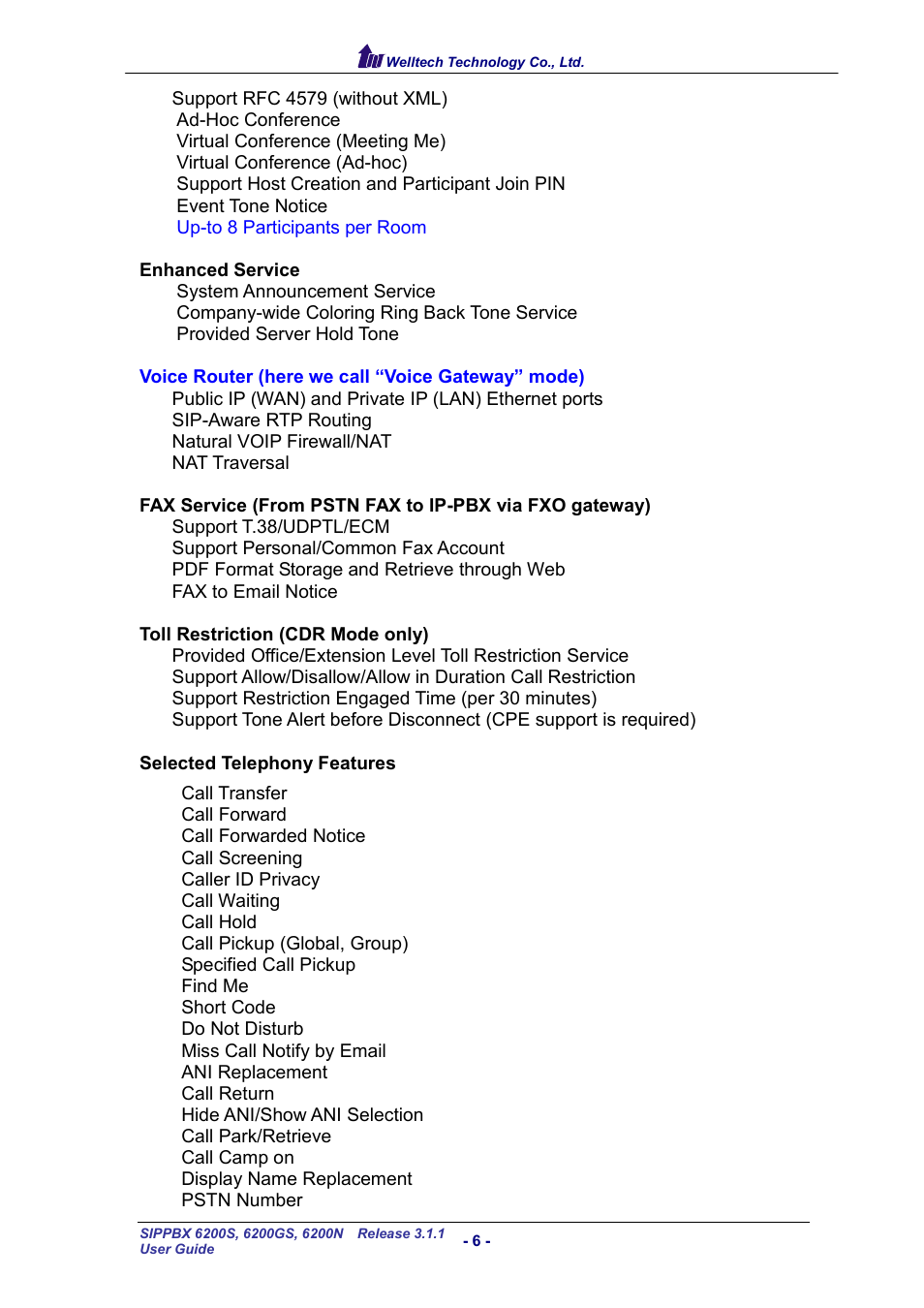 Welltech SIPPBX 6200 V.3.1.1 User Manual | Page 6 / 214