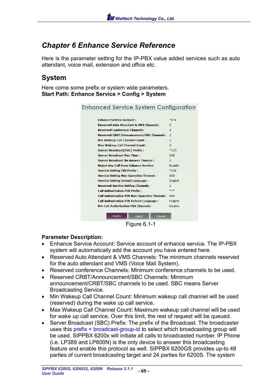 Chapter 6 enhance service reference, System, Ystem | Welltech SIPPBX 6200 V.3.1.1 User Manual | Page 60 / 214