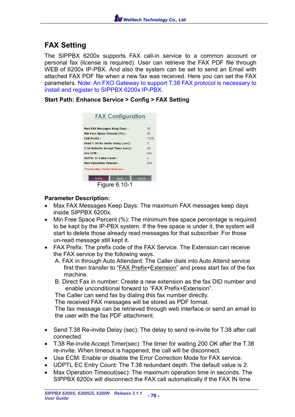 Fax setting, Etting | Welltech SIPPBX 6200 V.3.1.1 User Manual | Page 70 / 214