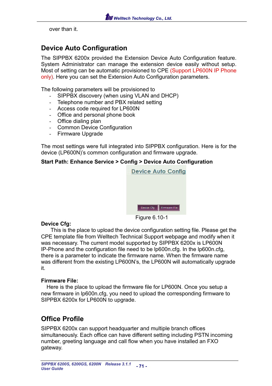 Device auto configuration, Office profile, Evice | Onfiguration, Ffice, Rofile | Welltech SIPPBX 6200 V.3.1.1 User Manual | Page 71 / 214