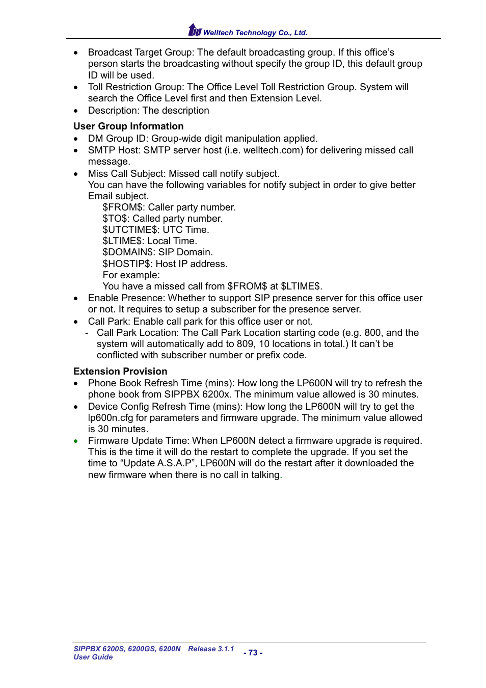 Welltech SIPPBX 6200 V.3.1.1 User Manual | Page 73 / 214