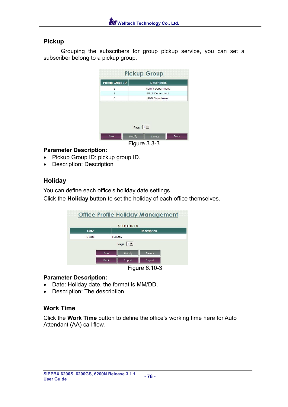 Pickup, Holiday, Work time | Welltech SIPPBX 6200 V.3.1.1 User Manual | Page 76 / 214