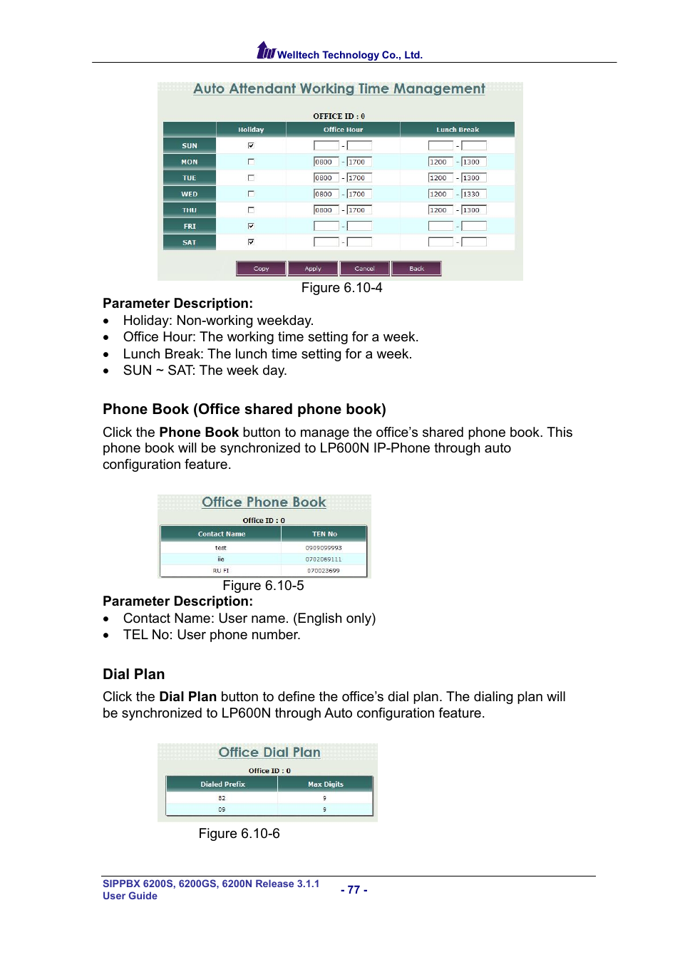 Phone book (office shared phone book), Dial plan | Welltech SIPPBX 6200 V.3.1.1 User Manual | Page 77 / 214