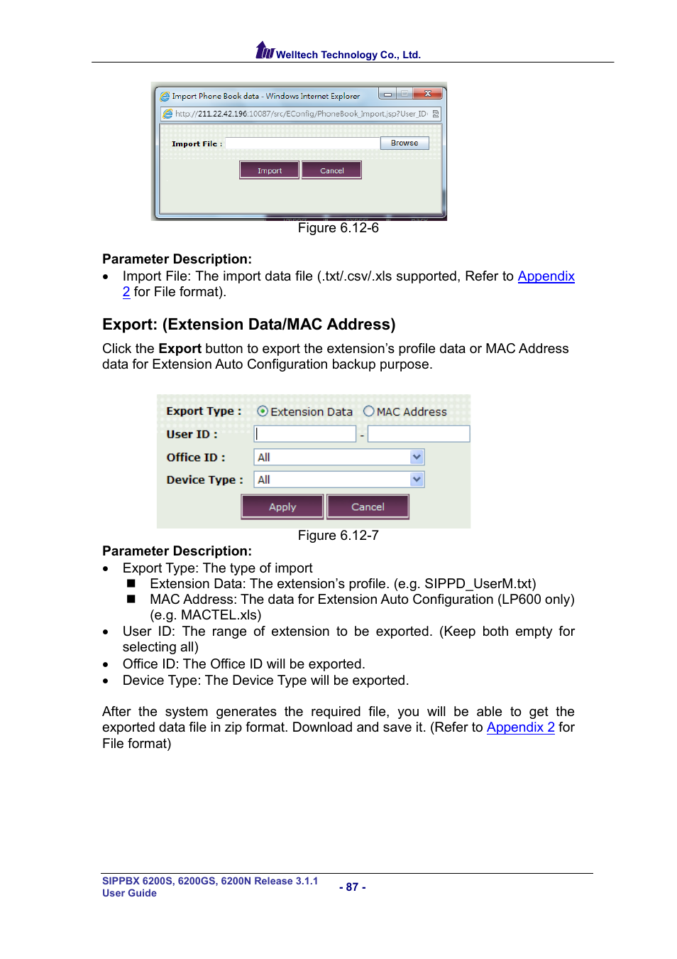 Export: (extension data/mac address) | Welltech SIPPBX 6200 V.3.1.1 User Manual | Page 87 / 214