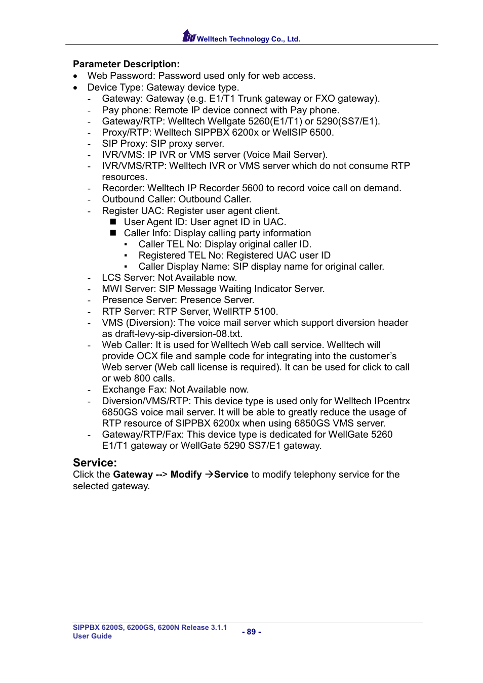 Service | Welltech SIPPBX 6200 V.3.1.1 User Manual | Page 89 / 214