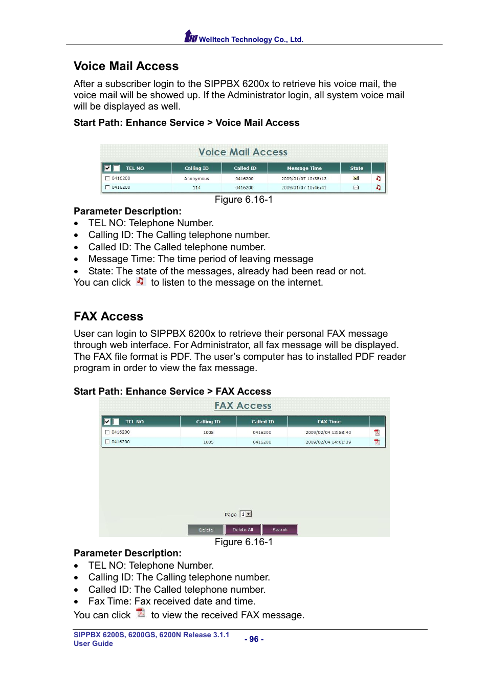 Voice mail access, Fax access, Oice | Ccess | Welltech SIPPBX 6200 V.3.1.1 User Manual | Page 96 / 214