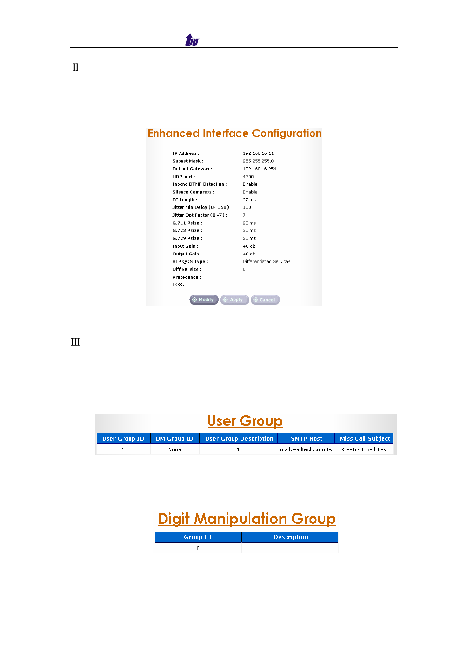 Change sippbx 6200 interface ip address, Check sippbx 6200 default configuration settings, Subscriber group | Welltech SIPPBX 6200 V.1.0 Quick Start User Manual | Page 8 / 43
