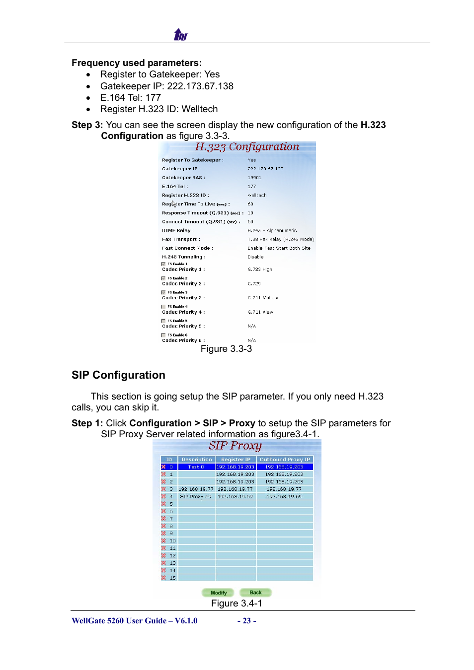 Sip configuration, Onfiguration | Welltech WG5260 V.6.1 User Manual | Page 23 / 136
