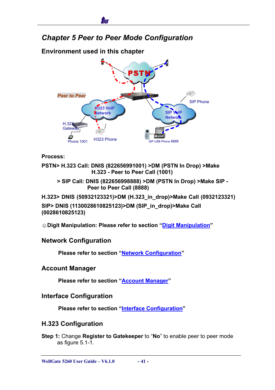 Chapter 5 peer to peer mode configuration, Environment used in this chapter, Network configuration | Account manager, Interface configuration, H.323 configuration, Nvironment used in this chapter, Etwork, Onfiguration, Ccount | Welltech WG5260 V.6.1 User Manual | Page 41 / 136