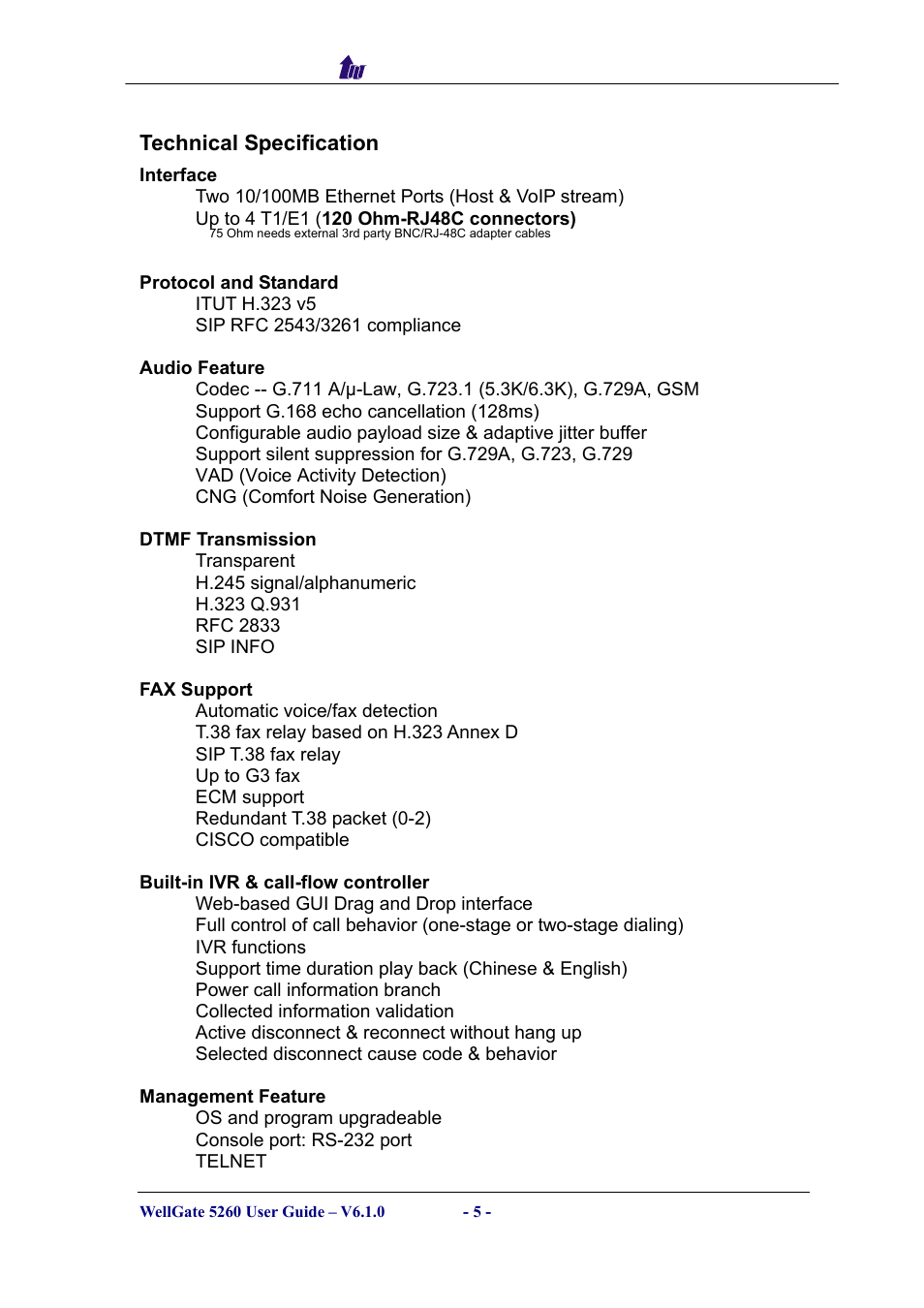 Technical specification, Protocol and standard, Audio feature | Echnical, Pecification, Udio, Eature | Welltech WG5260 V.6.1 User Manual | Page 5 / 136