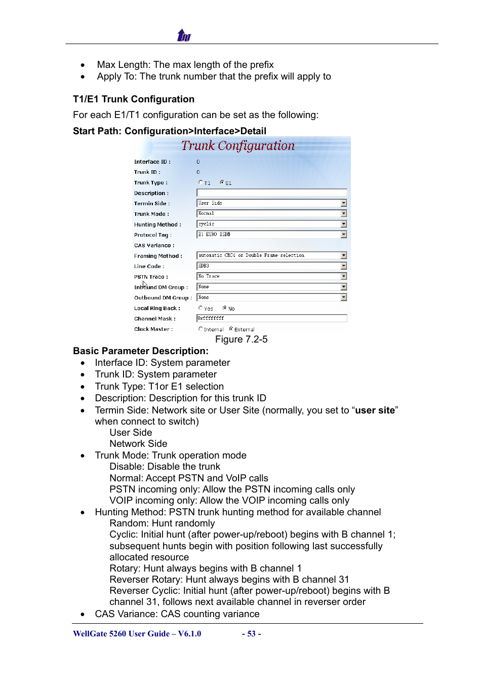 T1/e1 trunk configuration | Welltech WG5260 V.6.1 User Manual | Page 53 / 136